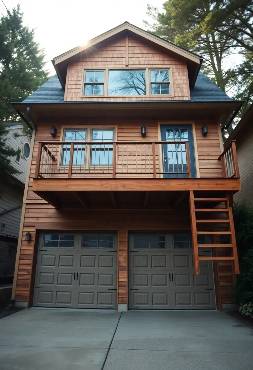 Above-garage ADU exterior showing a staircase leading to a second-floor living unit above a two-car garage with dormered windows and cedar siding