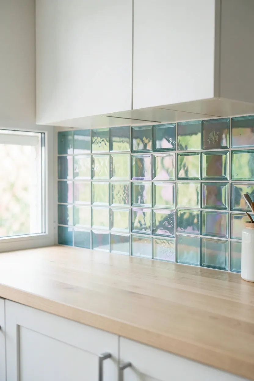 Iridescent recycled glass mosaic backsplash catching natural light behind a modern cooktop — eco-friendly organic kitchen material