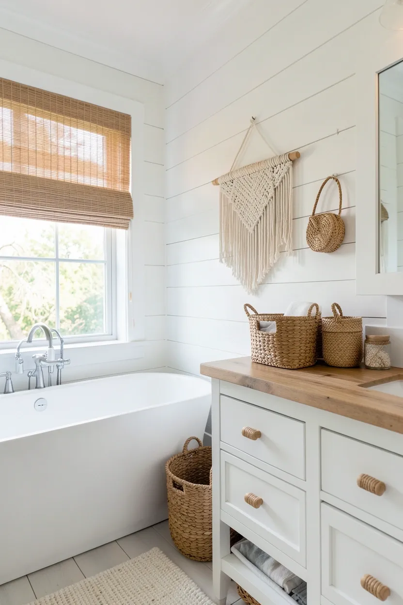 Boho white bathroom with rattan mirror, woven baskets, macramé wall hanging, and white freestanding tub for relaxed bohemian style