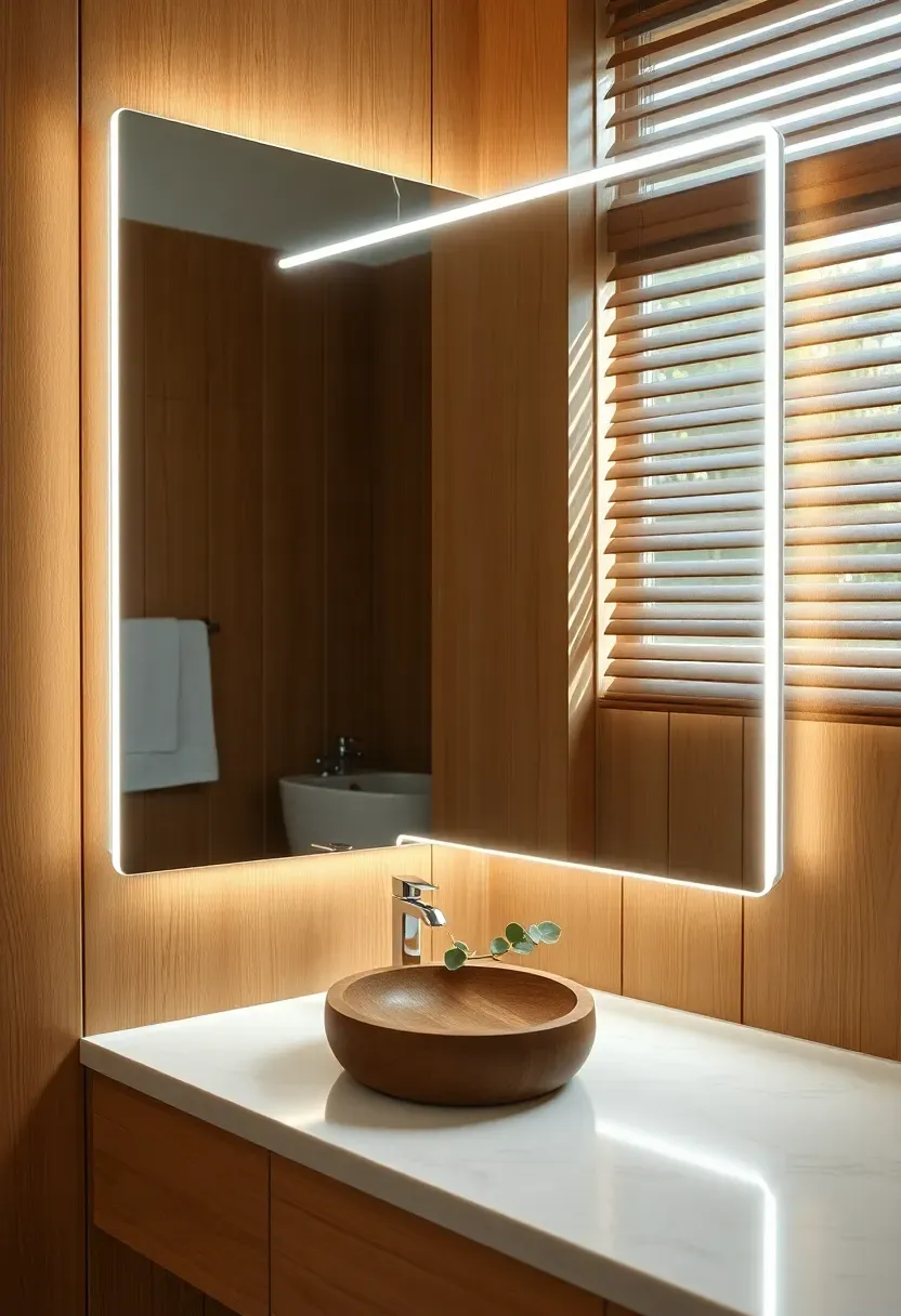 Frameless rectangular mirror with thin perimeter LED strip in a spa-like bathroom with warm wood and white stone