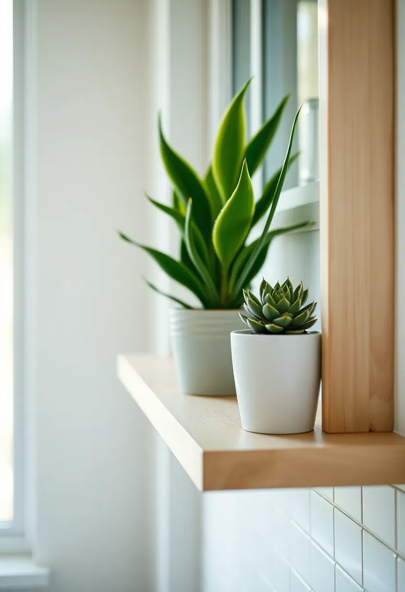 Hyper-realistic close-up of narrow white oak shelf holding potted snake plant and small succulent in white ceramic pots, white subway tile wall behind, window with soft light visible beyond. Materials: white oak shelf, green snake plant, echeveria succulent, white ceramic pots, white tile. Soft diffused daylight, creamy neutrals with vibrant green contrast. Living organic mood, shallow depth of field with sharp plant texture, soft shadows. Vertical 2:3 framing. No logos.</p>