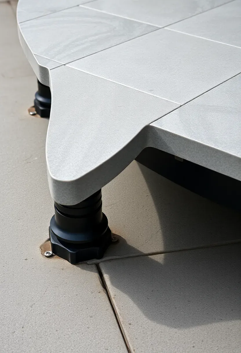 Elevated paver deck on adjustable pedestals over a concrete surface with clean shadow lines beneath