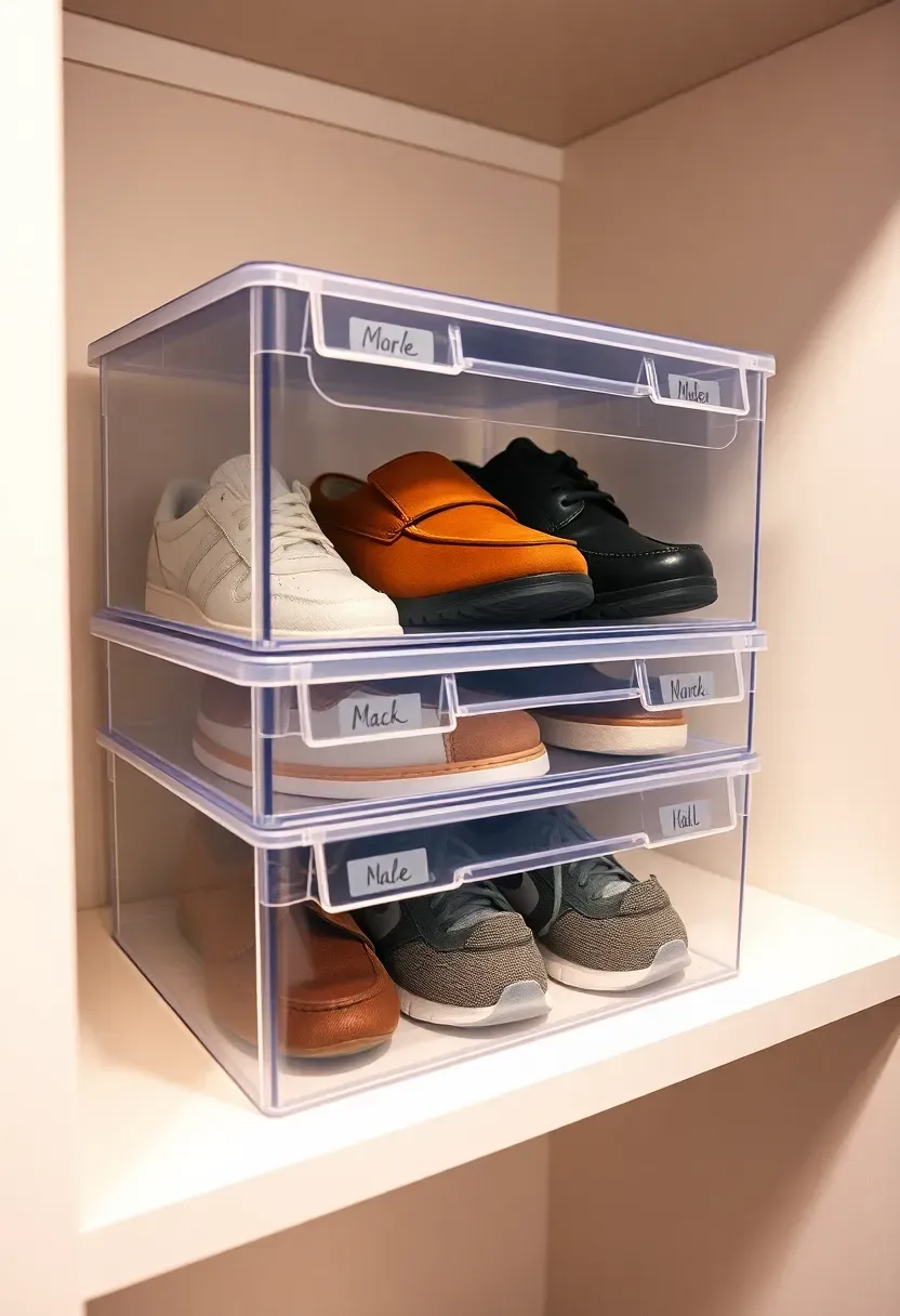 Stack of clear front drop-front storage boxes on a closet shelf containing sneakers and dress shoes, each box labeled with a small tag