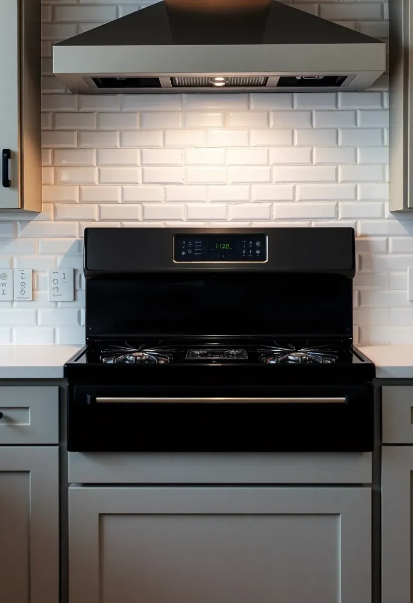 glossy white brick pattern backsplash behind black matte stove with light gray cabinets and quartz countertops