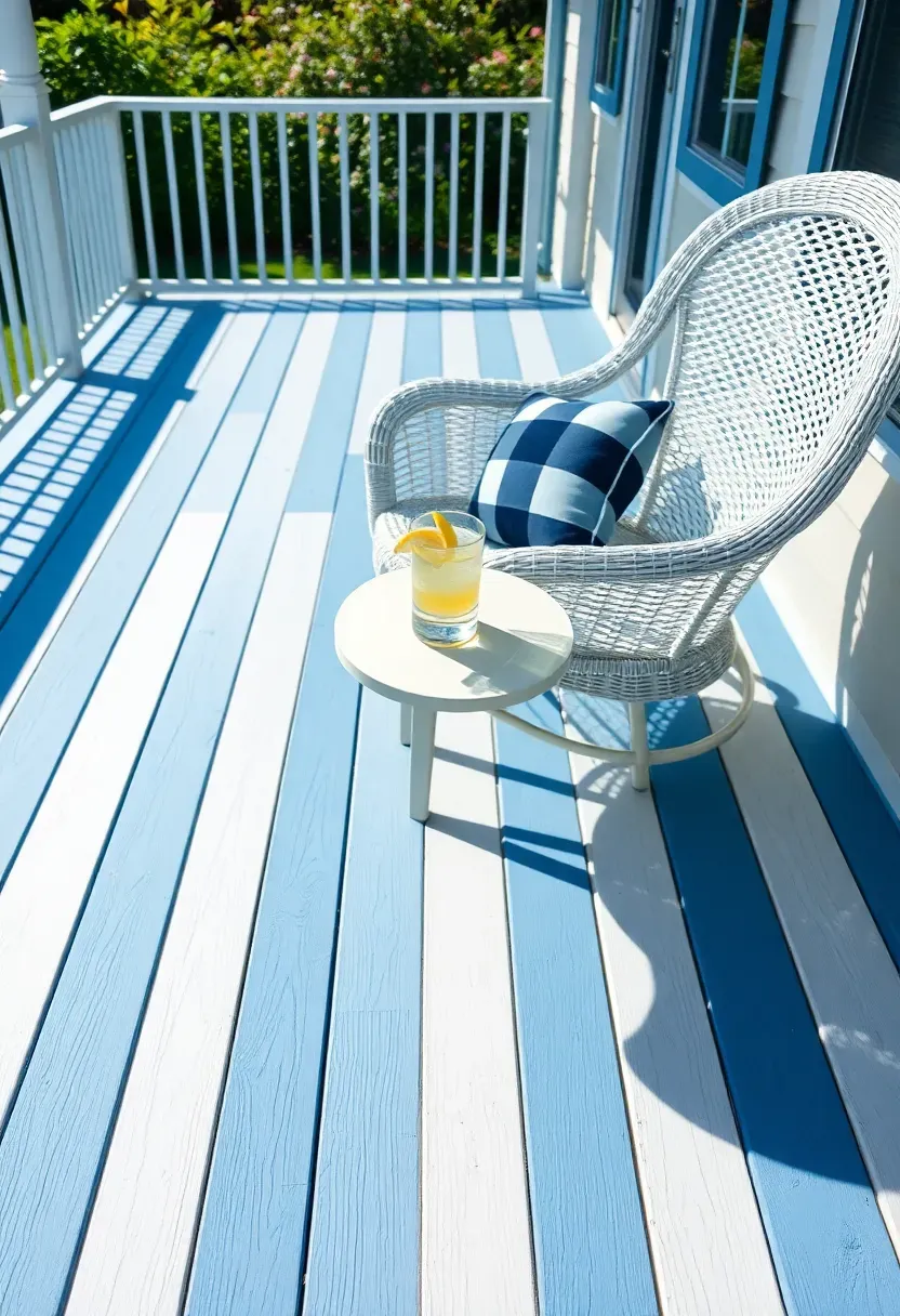 Backyard deck with boards painted in alternating soft blue and white stripes creating a fresh coastal sun room floor
