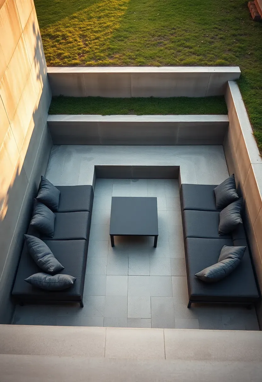 Sunken seating area with built-in concrete benches and cushions set below yard level in a remodeled backyard