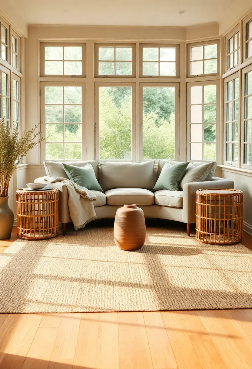Sunroom styled as a living room extension with linen sofa, rattan side tables, and natural fiber rug under warm daylight