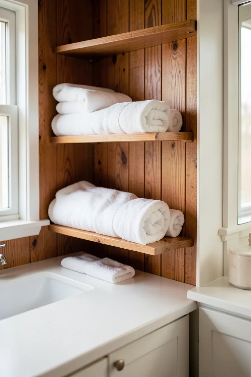 Teak wood organizer tray on a white bathroom vanity countertop holding soap, toothbrushes, and lotions, warm amber grain against cool porcelain