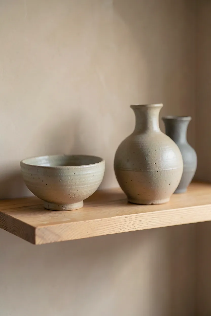 Curated display of hand-thrown pottery bowls and vessels in matte earthy glazes on a floating wooden shelf in a wabi sabi living room