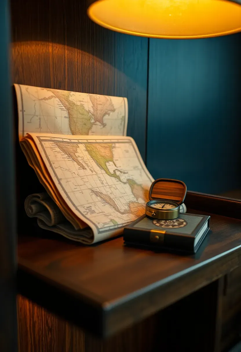vintage maps and travel souvenirs on a dark antique shelf