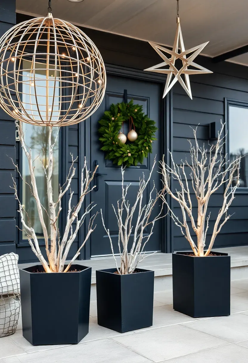Hyper-realistic 3/4 view of a geometric modern front porch Christmas display. Materials: large metal wire-frame sphere and star sculptures with warm white LED lights, geometric hexagonal planters in matte black containing single white birch branches, minimalist wreath on glass-panel door with geometric ornament accents. Cool overcast winter daylight (6000K), large concrete pavers, modern house with charcoal exterior and floor-to-ceiling glass. Contemporary architectural mood like Dwell holiday feature. Shallow depth of field, sharp details on wire frame geometry and planter shapes, clean modern composition. No text, no logos, no watermarks.</p>