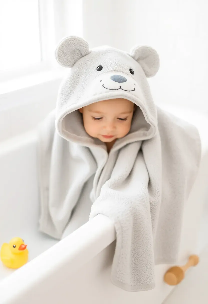 hooded baby towel shaped like a bear with ears in soft grey cotton for bath time