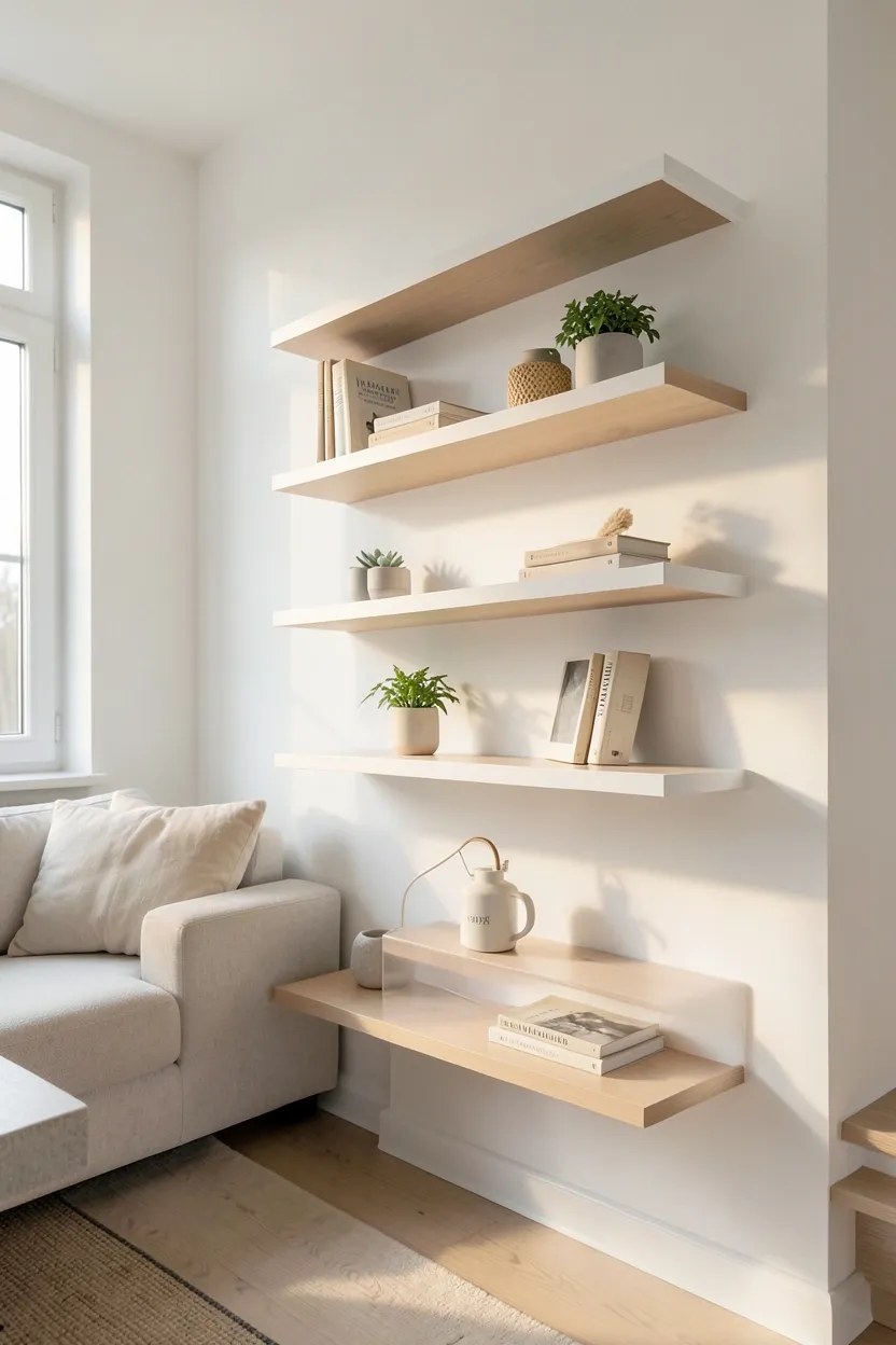 White floating shelves with sparse decorative objects and small plants in a Scandinavian apartment living room