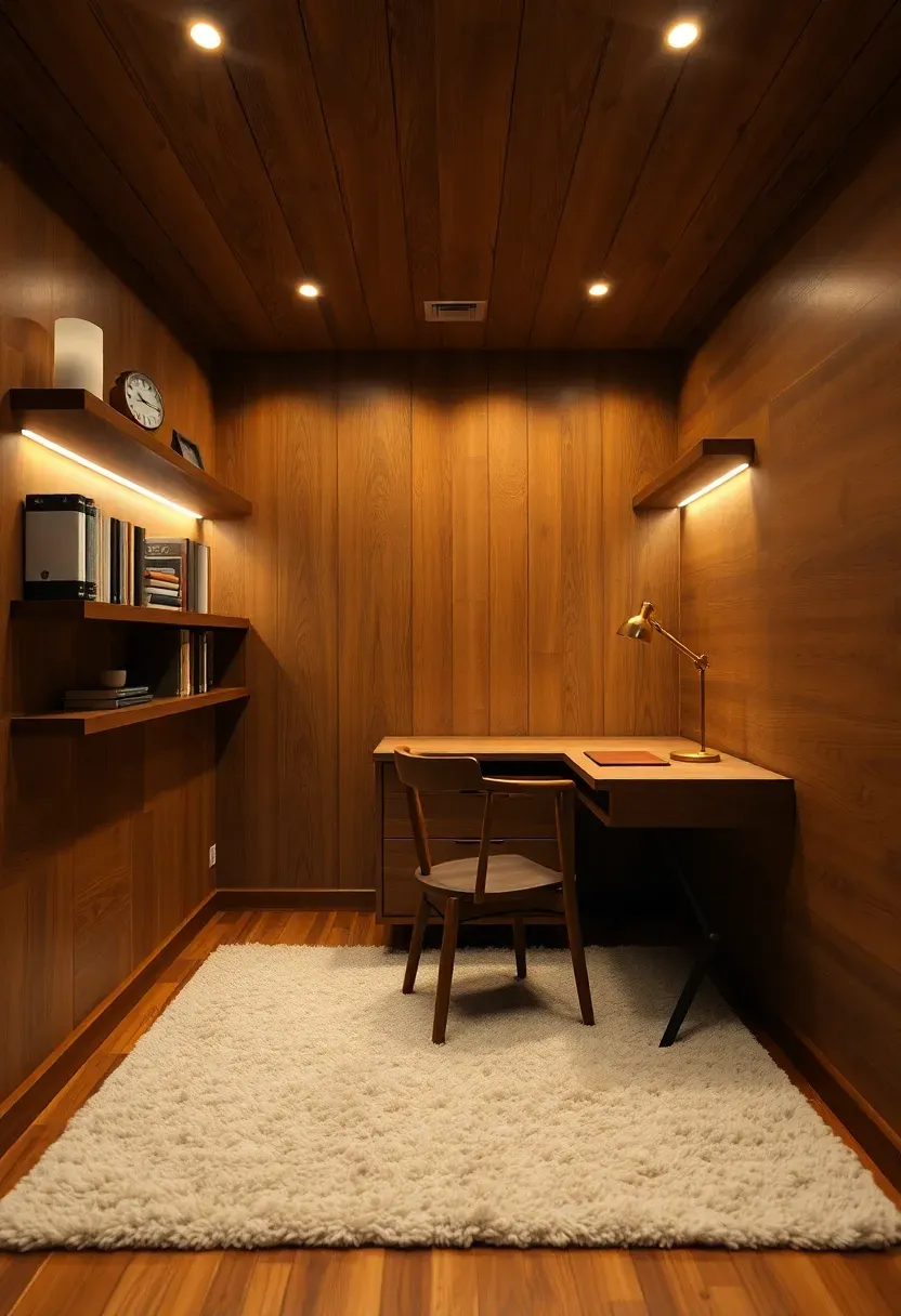 Cozy windowless basement office wrapped in warm walnut wood paneling with recessed shelf lighting