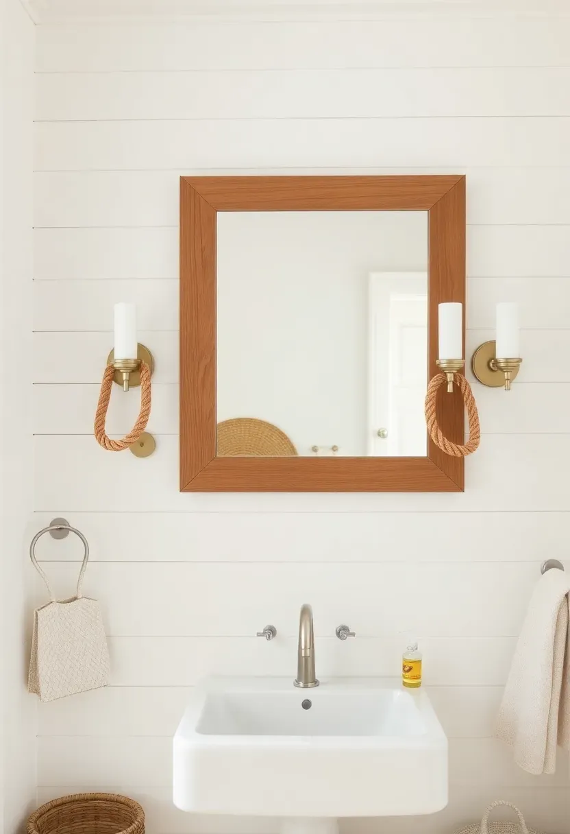Pair of rope-wrapped sconces in white finish flanking a wood-framed mirror in a coastal bathroom with shiplap and woven baskets