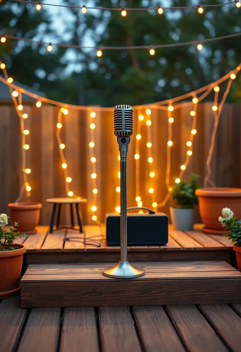 A small outdoor karaoke stage in a backyard with a microphone stand, portable speaker, and string lights on a raised deck area