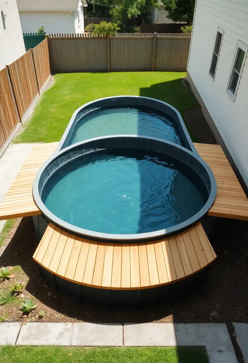 Hyper-realistic 3/4 view of oval above-ground pool in narrow backyard configuration with minimal side decks. Materials: dark gray pool framework, light wood decking on two narrow sides only, concrete pavers on remaining perimeter, green lawn visible beyond. Bright midday sunlight with distinct shadows, showing deck dimensions relative to pool length. Compact urban yard mood with fence visible in background, modest house exterior. Pool water showing gentle movement. Deck width approximately 3-4 feet on each side. Clean composition emphasizing pool's elongated shape for lap swimming. No text, no logos, no watermarks.</p>