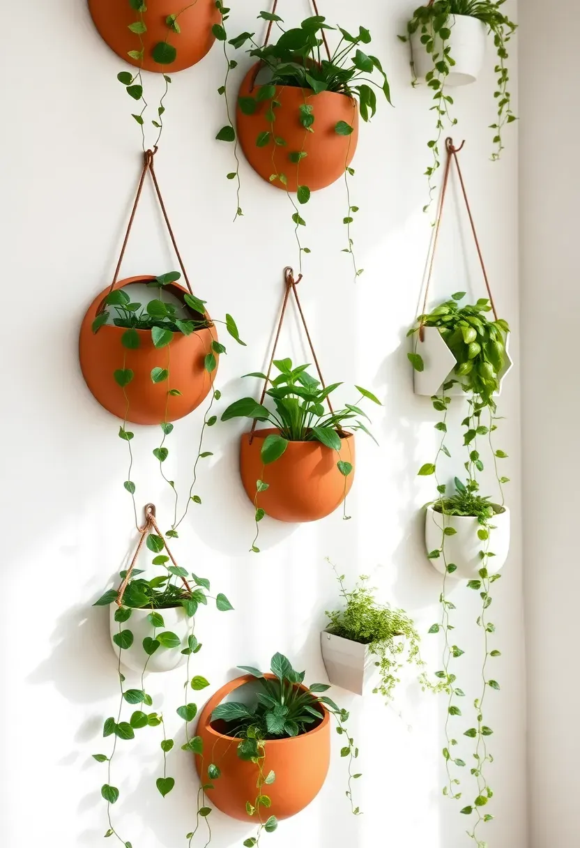 Collection of ceramic and terracotta wall-mounted planters in various shapes holding trailing string of pearls, pothos, and small ferns on a white wall