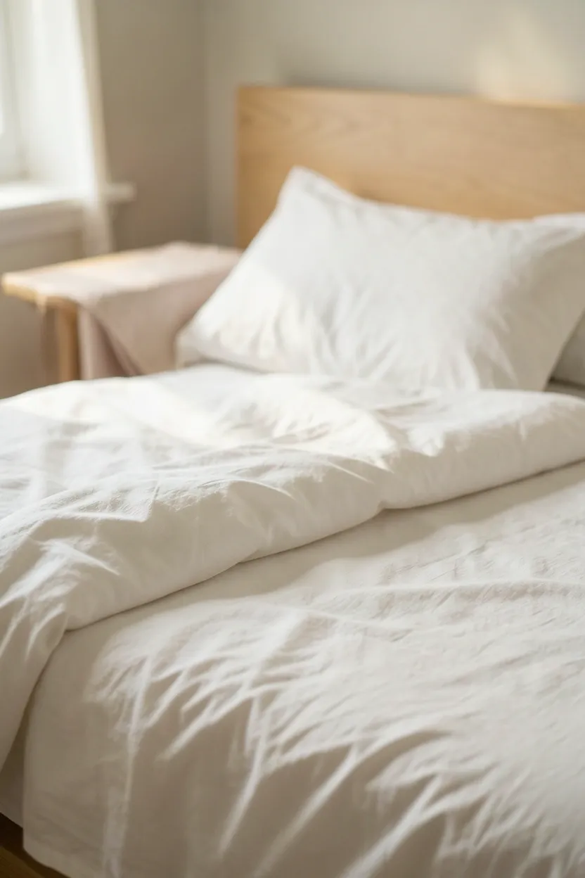 Crisp natural linen bedding in soft white and warm beige tones on a low japandi bedroom bed