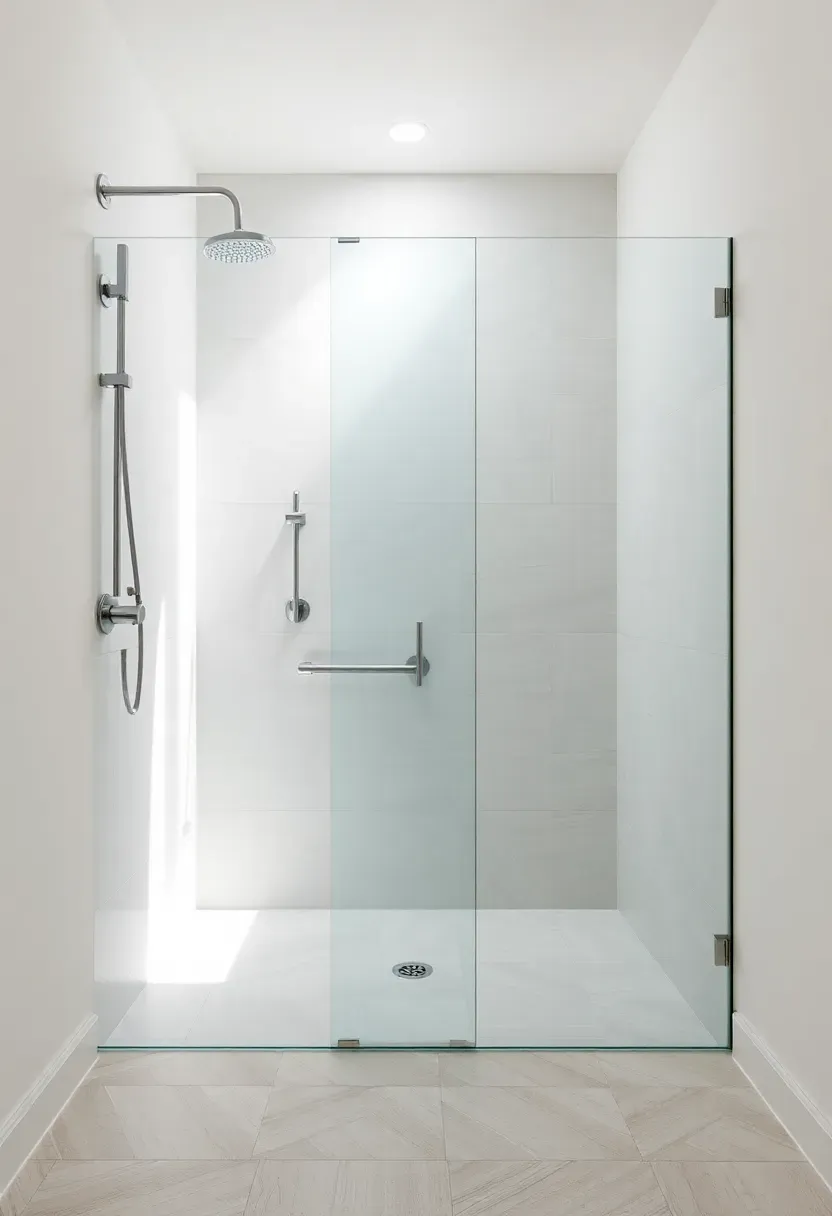 Curbless walk-in shower with linear drain, grab bar, and large-format porcelain tile for accessible bathroom