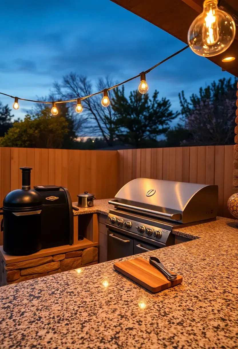 Outdoor kitchen in Texas backyard with built-in offset smoker, granite countertop, and stacked limestone base with string lights overhead