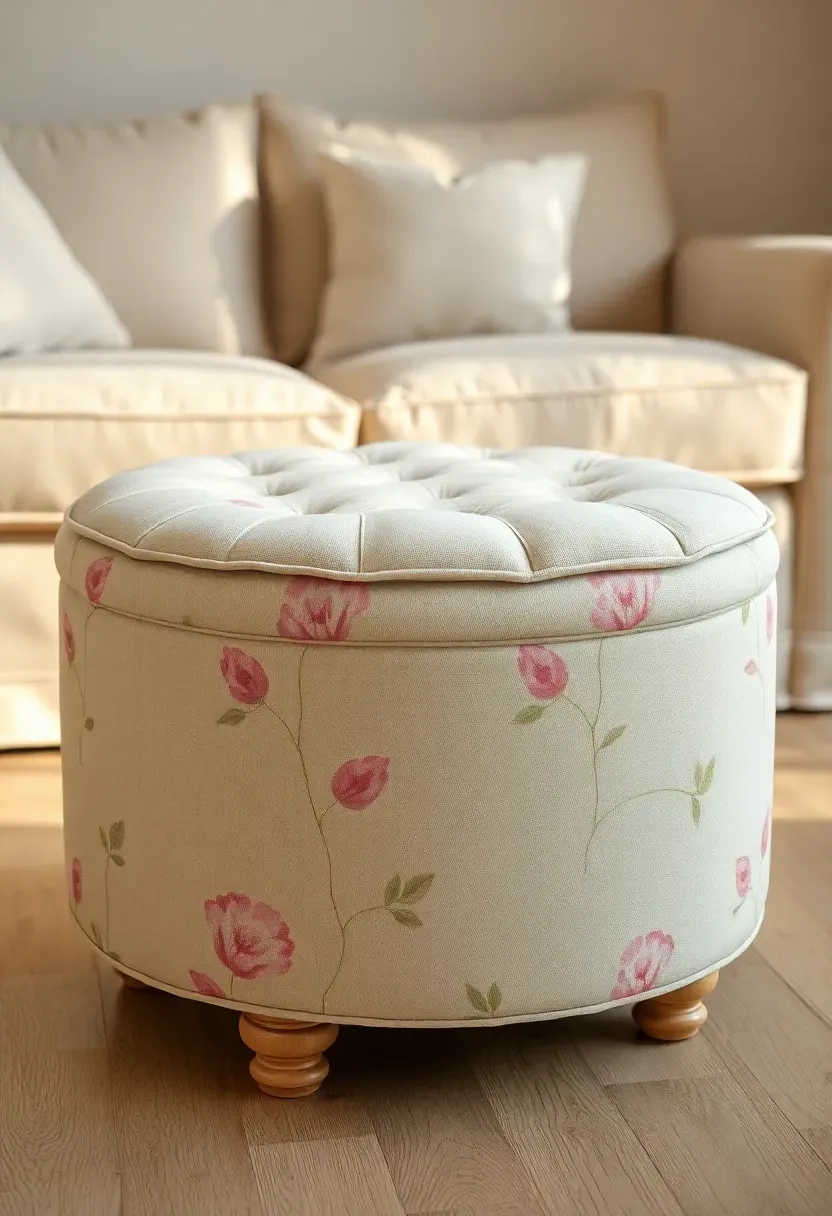 Round tufted storage ottoman in pale floral linen fabric with button details and carved wooden feet