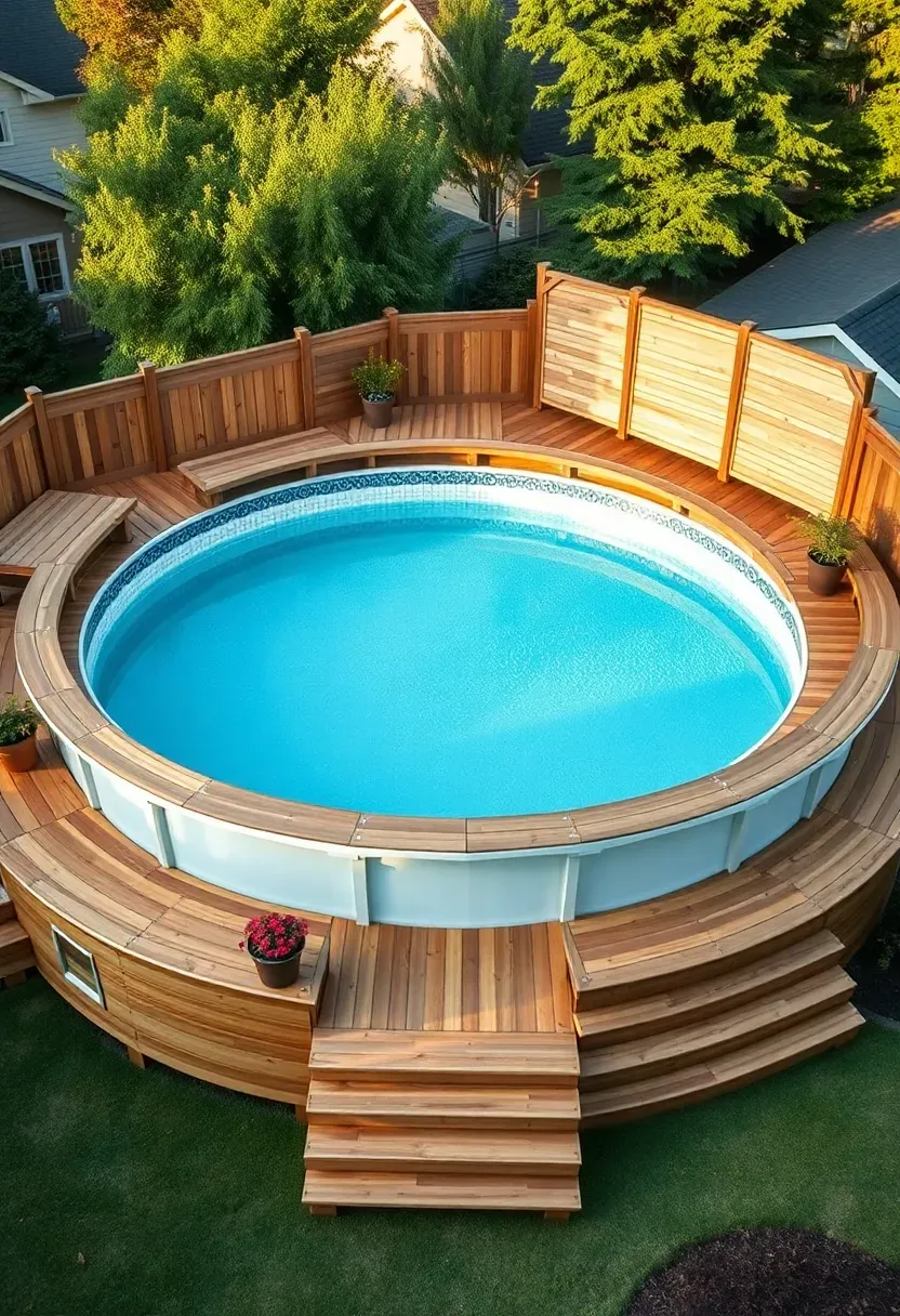 Elevated above-ground pool with wraparound wooden deck and privacy screening