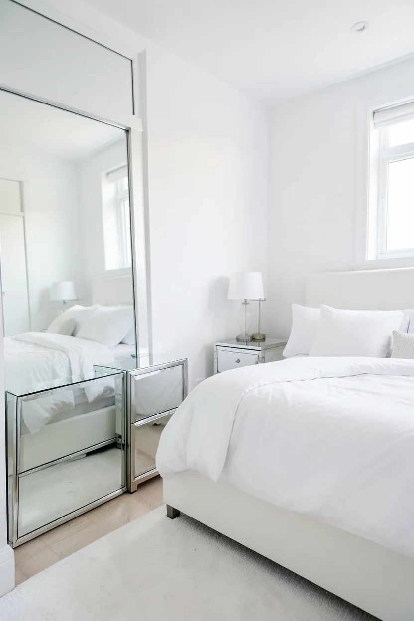 White bedroom with large floor mirror opposite window, white-framed wall mirror above bed, and mirrored nightstand fronts reflecting natural light