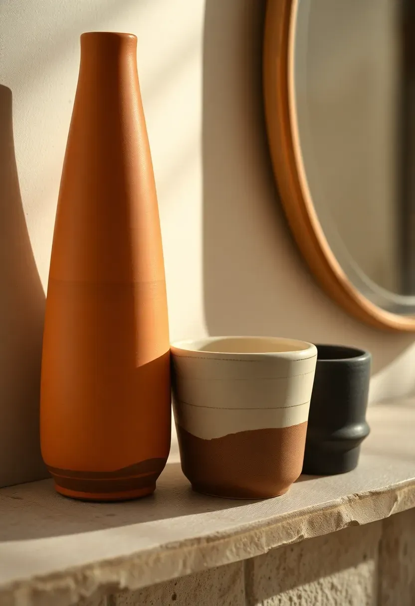 Three ceramic vessels of different heights arranged on one side of a mantle — a tall matte terracotta vase, a medium white ceramic bowl, and a small dark stoneware cup grouped tightly, warm side lighting