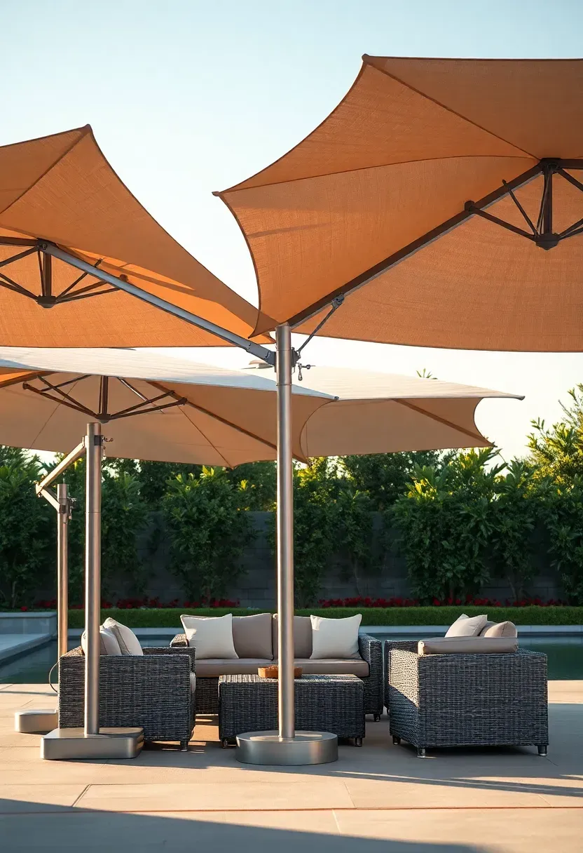 cluster of three large cantilever umbrellas shading a backyard lounge area