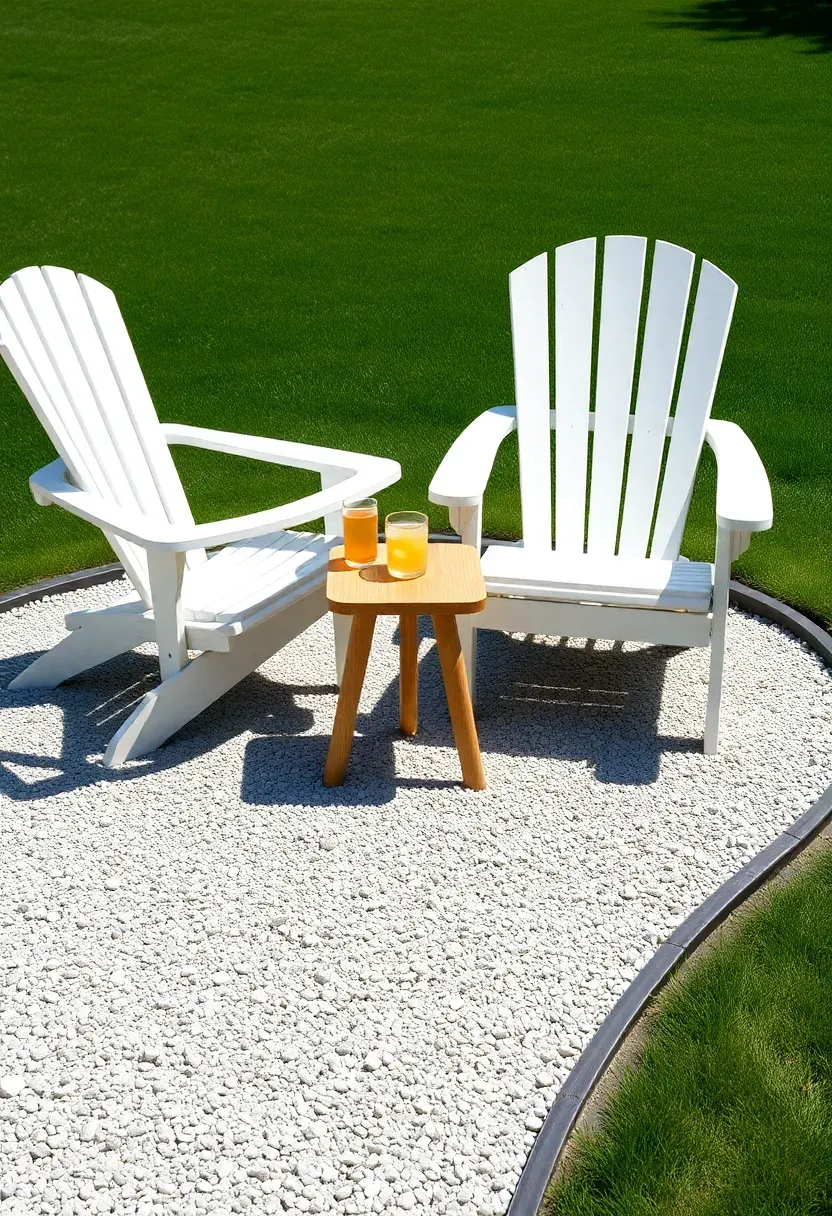Two white Adirondack chairs on a crushed gravel pad in a sunny backyard with a small side table between them