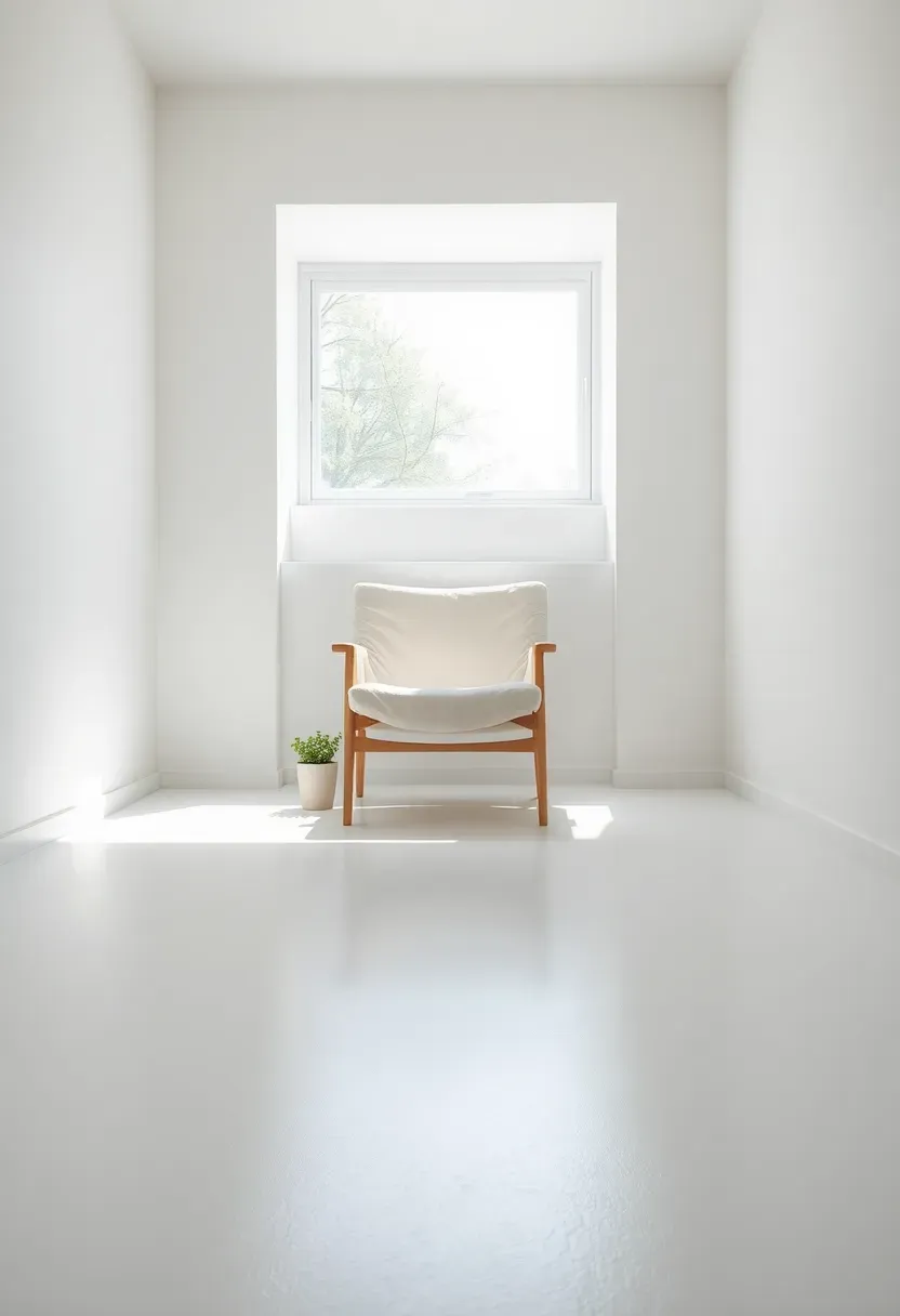 Bright white painted basement floor in a minimalist space with light streaming from a window well and simple modern furniture