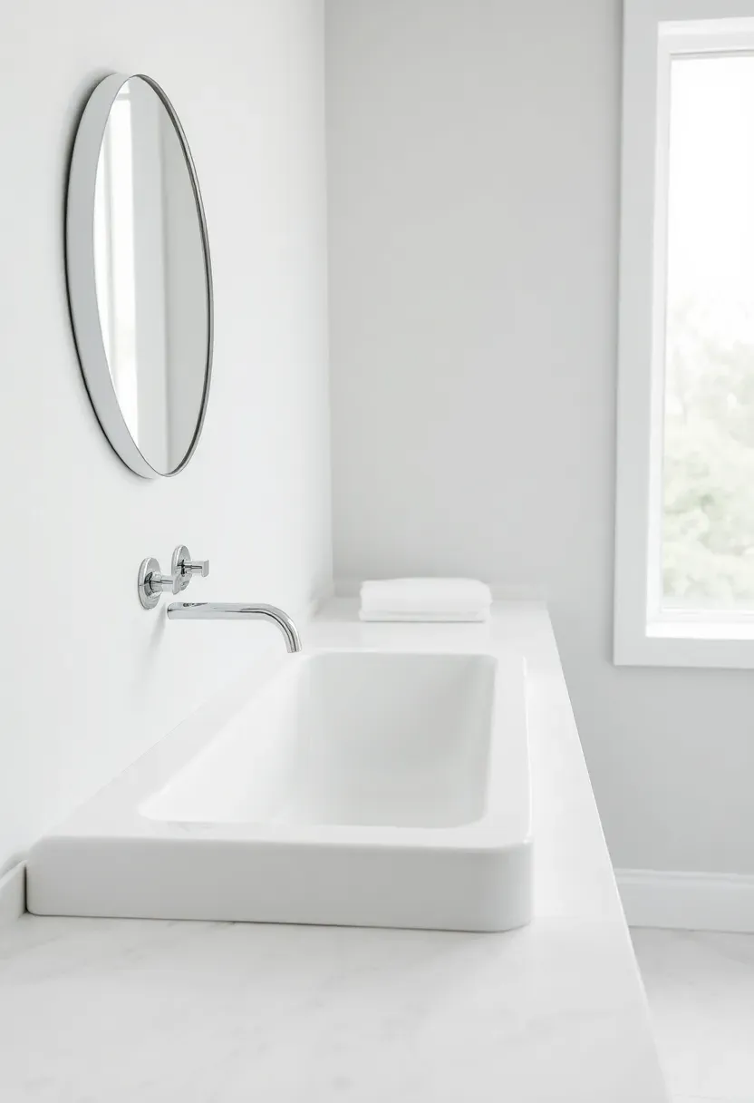 Long undermount trough sink in a double vanity setup with matching wall-mounted faucets