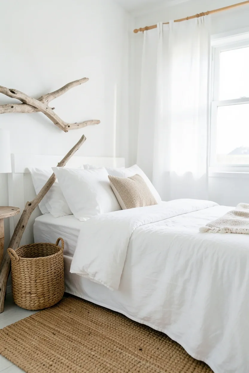 Coastal white bedroom with jute rug, rattan furniture, white linen curtains, and soft blue accent pillows — breezy seaside bedroom design