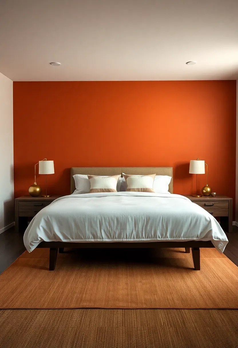 Warm accent wall behind the bed