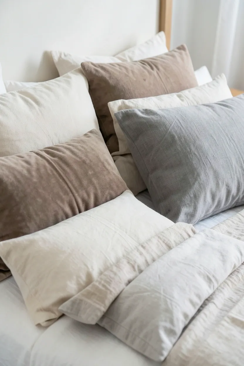 Layered neutral throw pillows in cream velvet, oat linen, and boucle on a bed with white bedding in a cozy bedroom