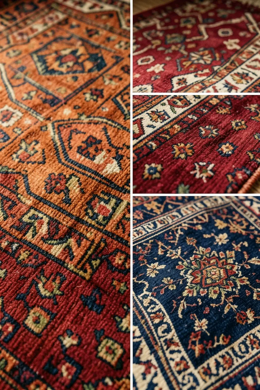 Global patterns in a bohemian interior: Moroccan rug with geometric designs in rust and terracotta, Turkish kilim with deep red medallion pattern, and Indian block-print textile in indigo celebrating diverse cultural craftsmanship