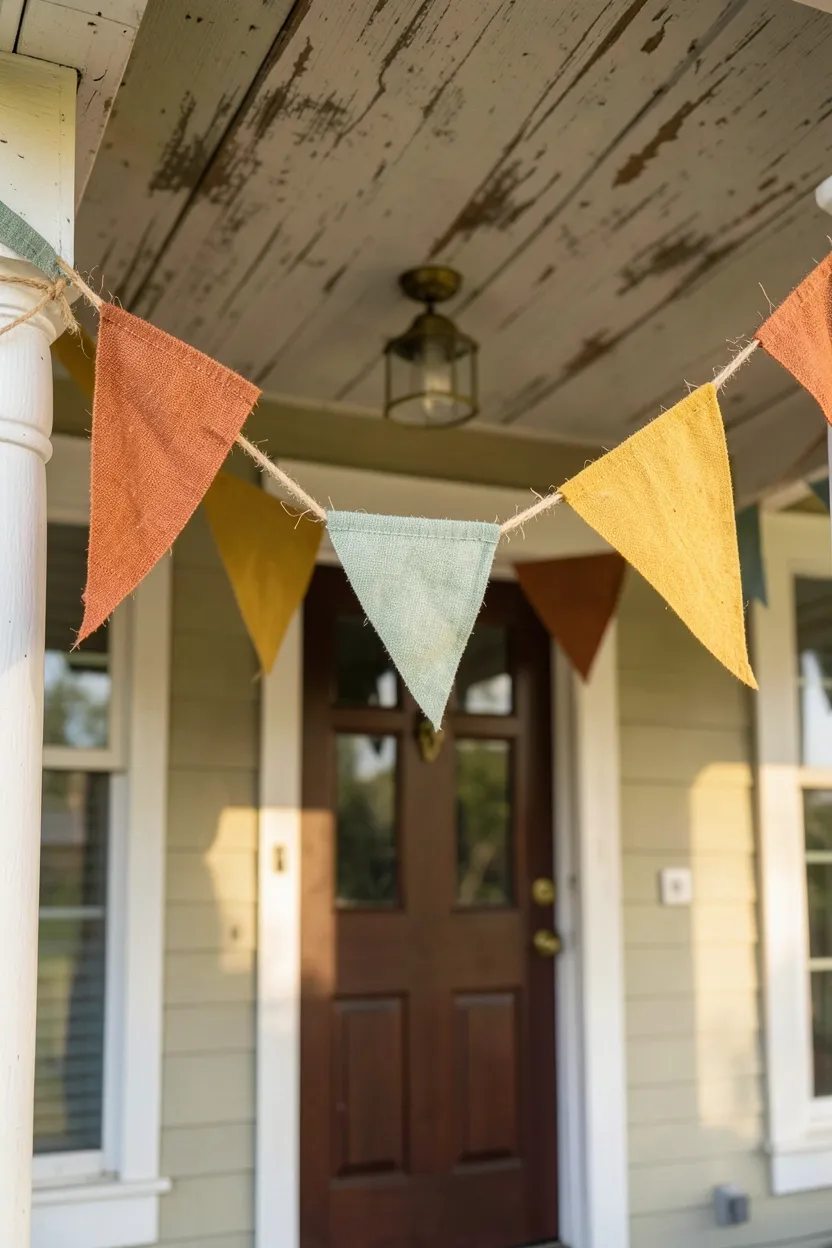 Hyper-realistic slightly elevated photograph of a fall front porch featuring autumn-themed bunting made from burlap triangles in burnt orange, sage green, and mustard yellow, strung across the porch ceiling near the front door. Materials: natural burlap texture, jute twine string, weathered porch ceiling boards, brass pendant light visible. Bright afternoon light with soft shadows, warm amber tones. Playful sophisticated atmosphere. Shallow depth of field, sharp details on burlap texture, balanced composition showing front door and porch columns. No text, no logos, no watermarks.</p>