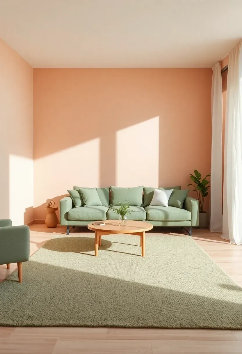 Hyper-realistic wide shot of a minimalist living room with soft peach walls, sage green sofa, light oak coffee table, and sage green wool area rug. Materials: matte soft peach paint, sage green linen upholstery, light oak wood, sage green wool rug, white linen curtains. Soft natural daylight with warm shadows, warm and fresh atmosphere. Clean minimalist composition, sharp contrast between peach and sage, no clutter, no text, no logos.</p>