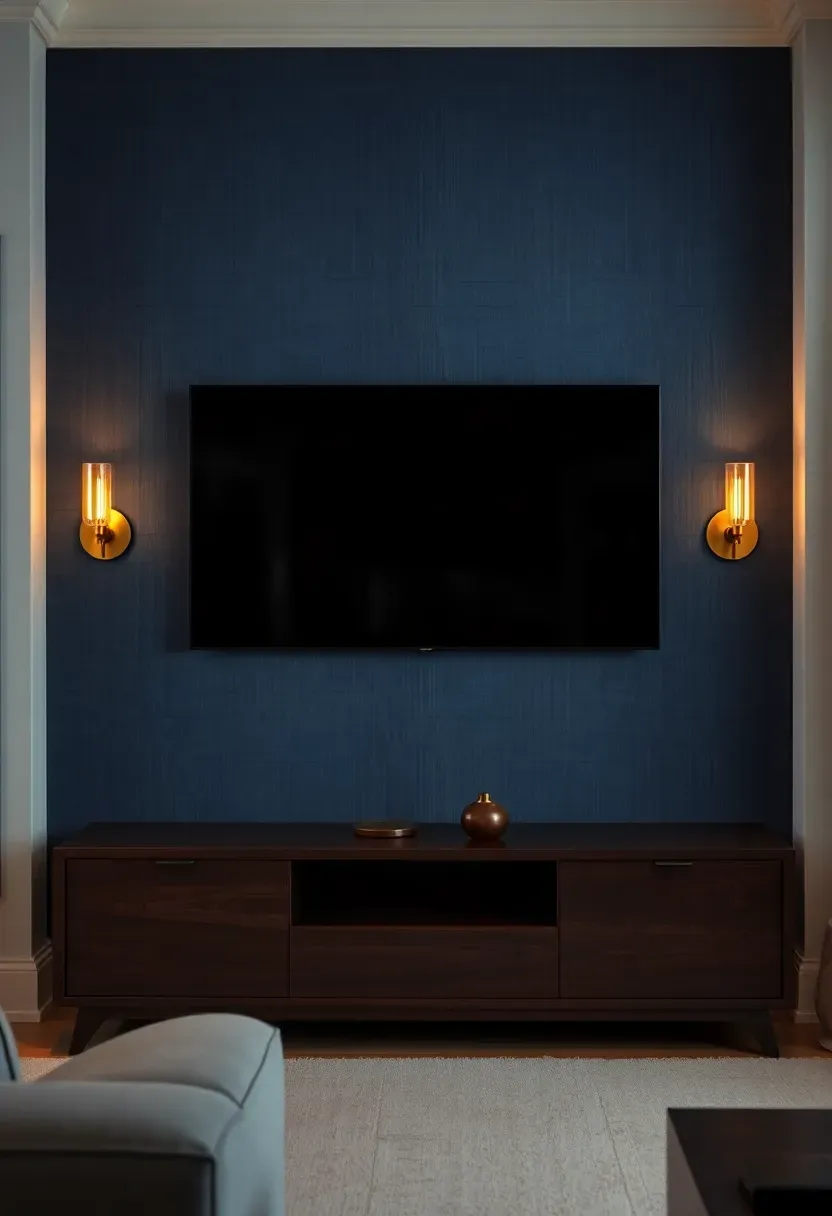 Elegant living room with textured grasscloth wallpaper in deep navy blue behind a wall-mounted TV with brass picture lights above