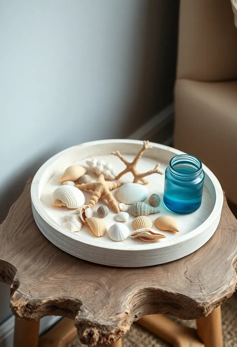 Coastal themed round tray with collected seashells coral piece and blue glass jar
