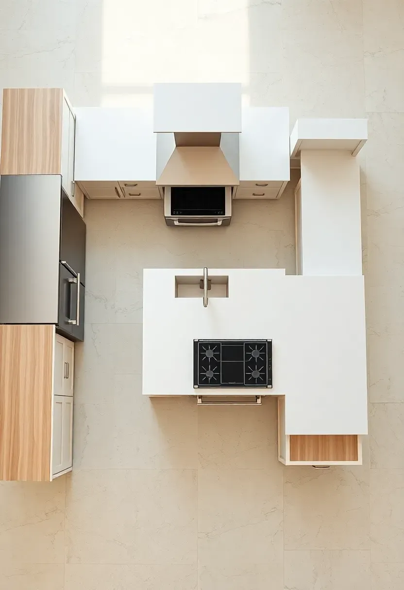 Overhead view of a kitchen showing smart appliance placement: refrigerator at the perimeter, cooktop on the island, dishwasher adjacent to the sink in a logical triangle