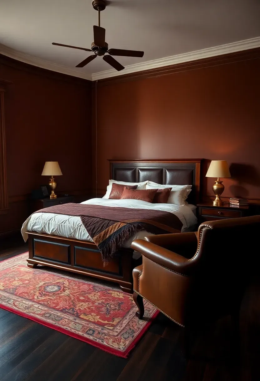 Hyper-realistic wide shot of a moody bedroom with mahogany brown walls, queen bed with cream duvet and brown leather pillows, wood bed frame in mahogany, brass table lamps, leather armchair in corner. Visible room context with dark wood floors, oriental-style rug. Materials: matte mahogany paint, cream cotton, brown leather, mahogany wood, polished brass, oriental rug. Warm library-style lighting, rich traditional shadows. No text, no logos, no watermarks.</p>