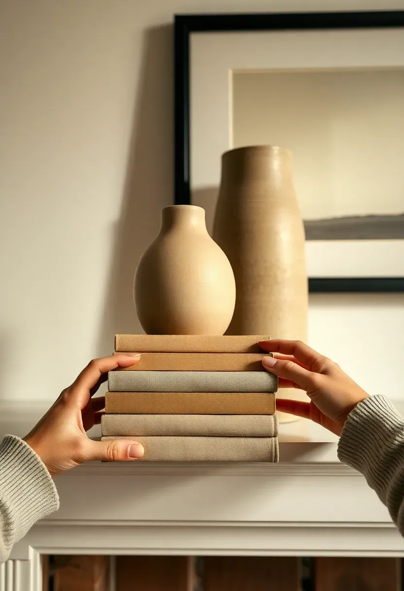 Hands stacking vintage hardcover books beside a tall ceramic vase on a fireplace mantle, creating varied height levels in the display