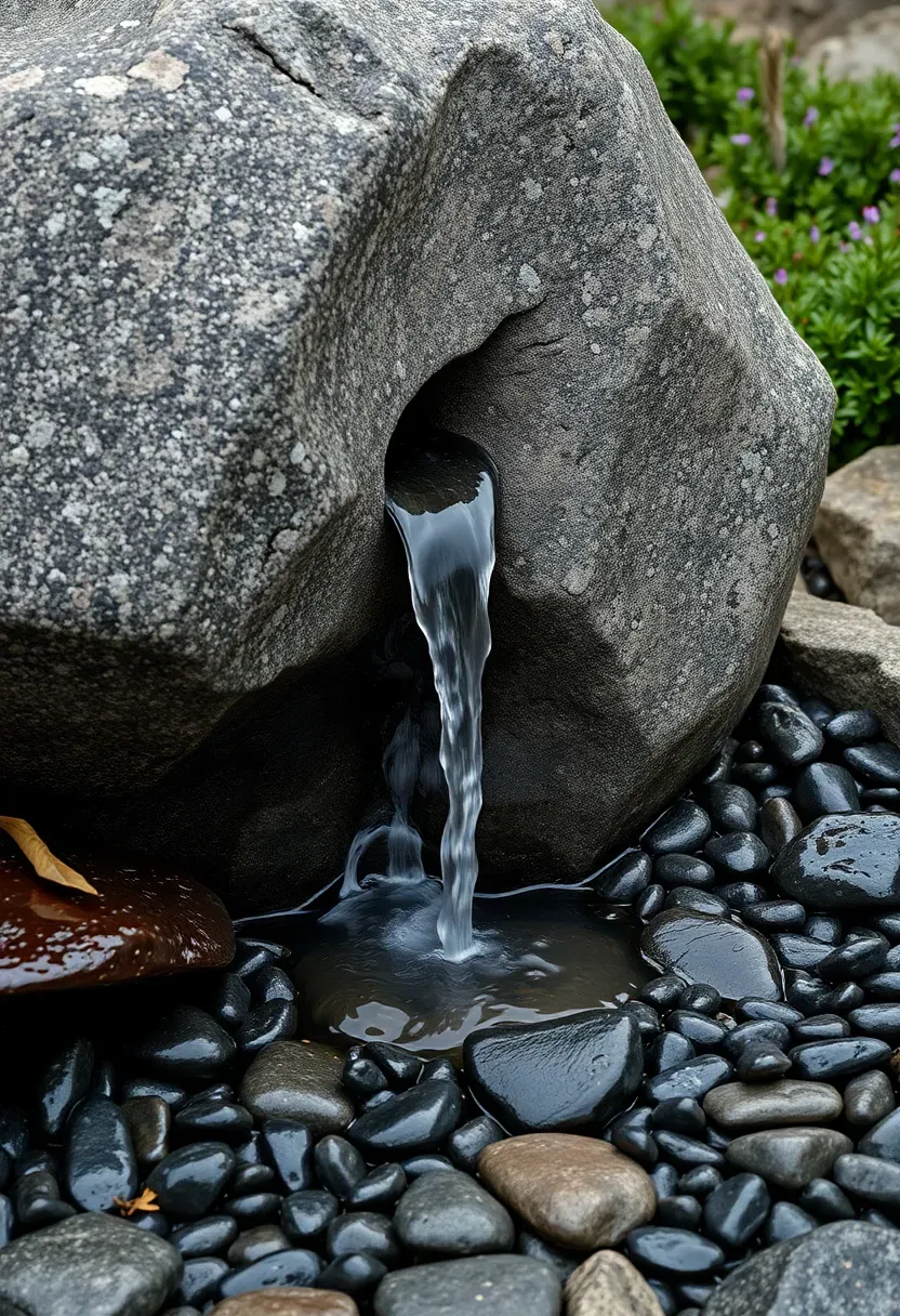 Large natural boulder with water bubbling from a drilled center hole, surrounded by smaller river rocks and low groundcover plants