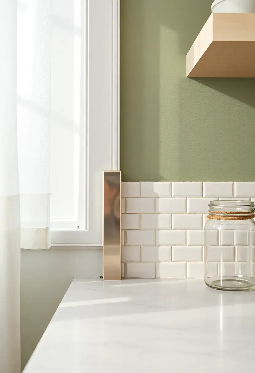 brushed nickel Schluter Jolly edge trim on white subway tile backsplash meeting sage green painted wall in kitchen