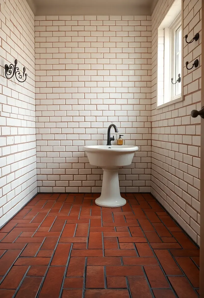 Red-brown quarry tile floor laid in brick pattern in a bathroom with white subway walls industrial farmhouse style pedestal sink