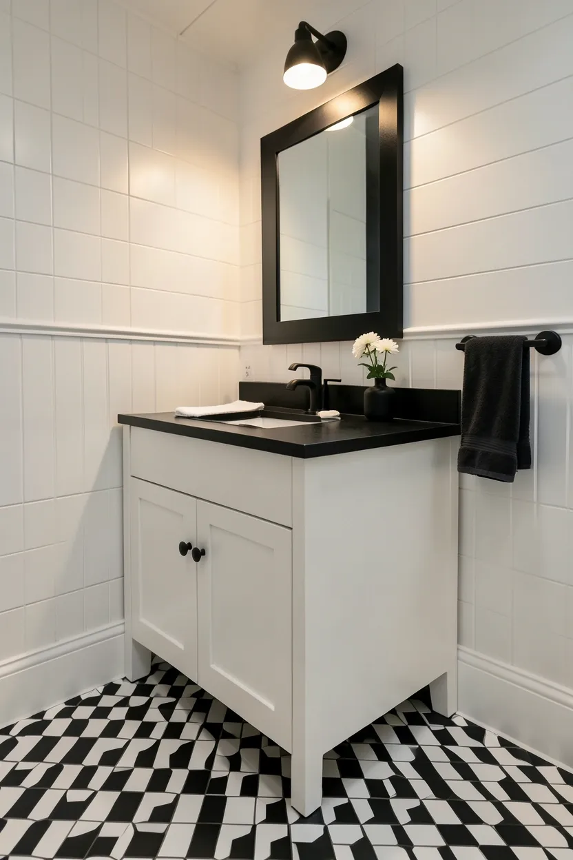 Black and white diamond pattern floor tiles with white shiplap walls — modern farmhouse bathroom