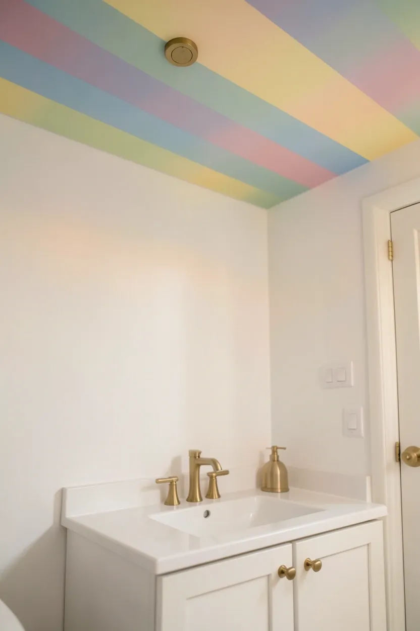 Toca Boca mansion bathroom with muted rainbow stripe ceiling and clean white walls