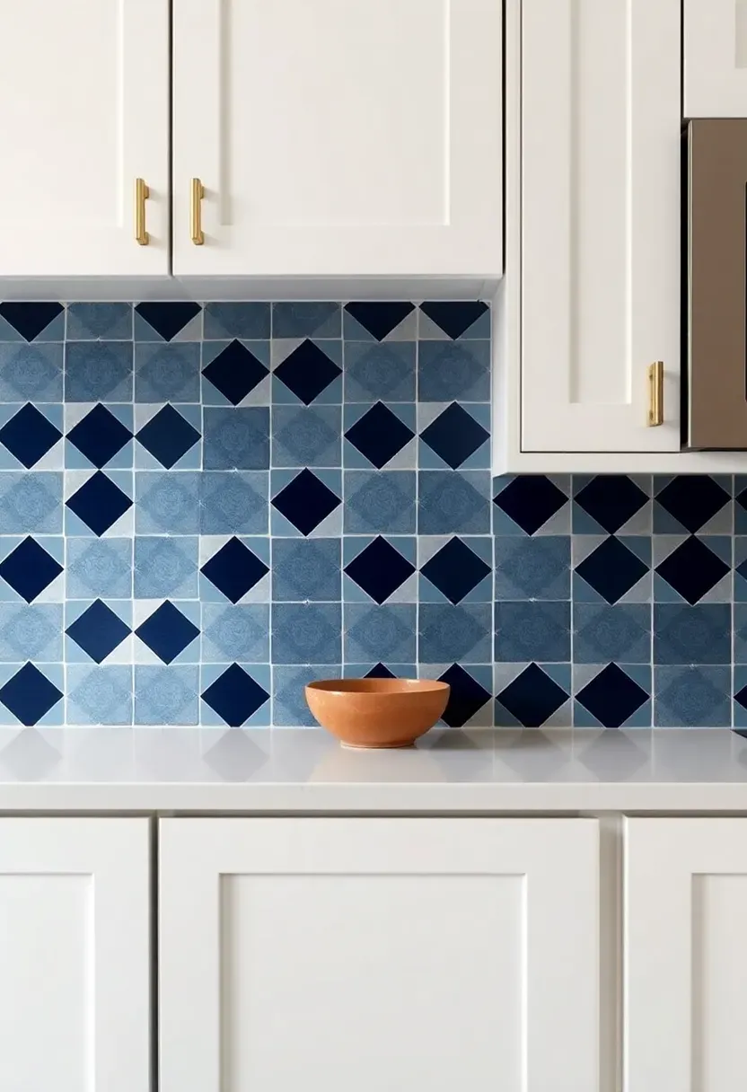 bold geometric tile backsplash in navy and white in a compact kitchen